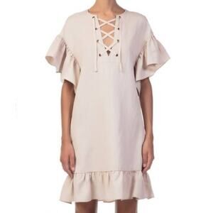 Ulla Johnson Marianne Ruffled Flare Frilly Sleeve Twill Lace Up Dress